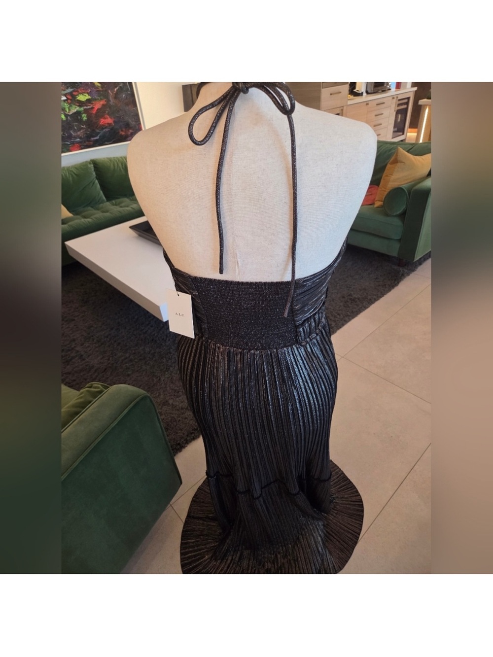 A.L.C. Metallic Black Halter-Style Pleated Maxi Dress - Picture 6 of 9